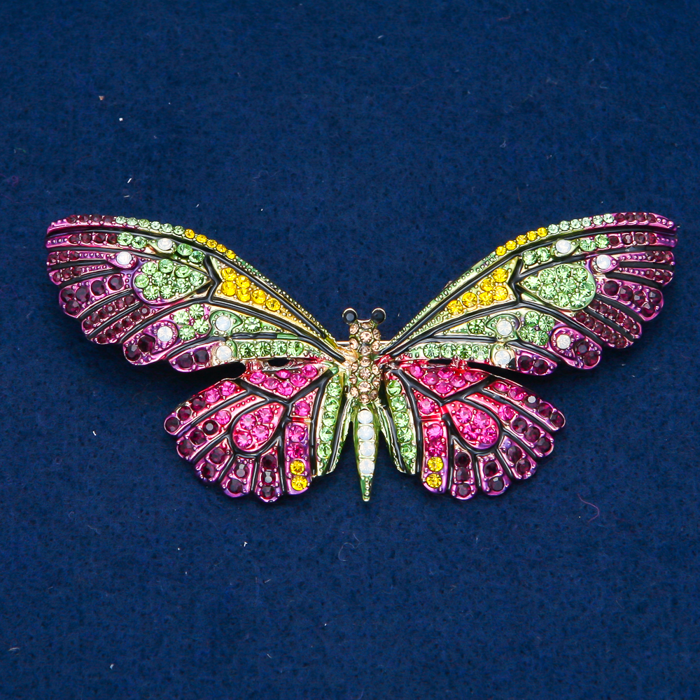 Butterfly Brooch in Golden Metal, Enamel, and Multicolored Rhinestones 35×82 mm +