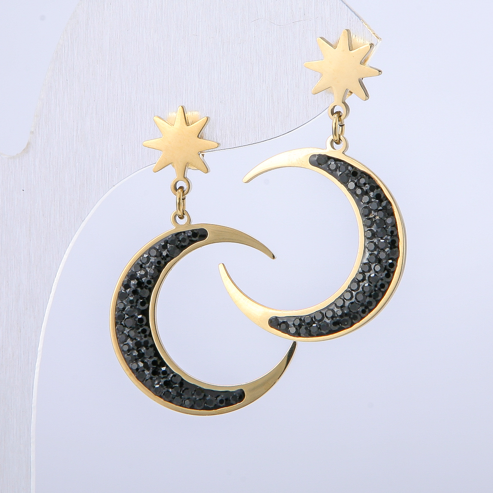 Moon Earrings Xuping, 18K Gold-Plated Stud Earrings with Black Crystals, 20 mm Diameter, 32 mm Length