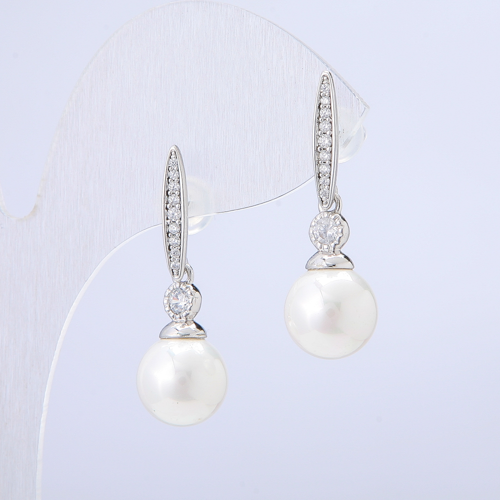 Xuping Earrings: 18K Gold-Plated Ball Stud Earrings with White Seed Bead and White Crystals, 10mm Diameter, 31mm Length