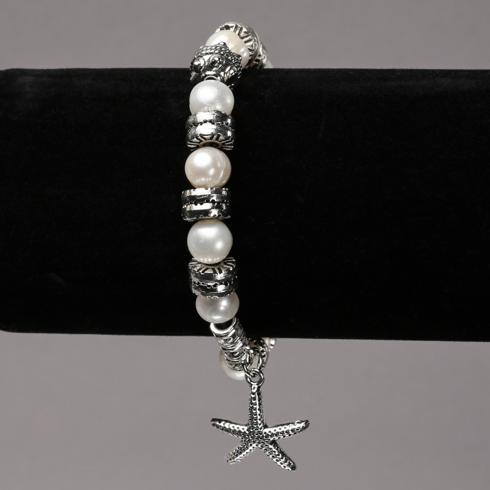 Elastic bracelet with freshwater pearls, silver inserts and pendants, 8 mm diameter, 18 cm length