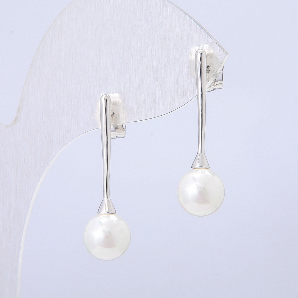 Xuping Earrings - Rhodium-Plated Stud Earrings with White Bead, 28mm Length