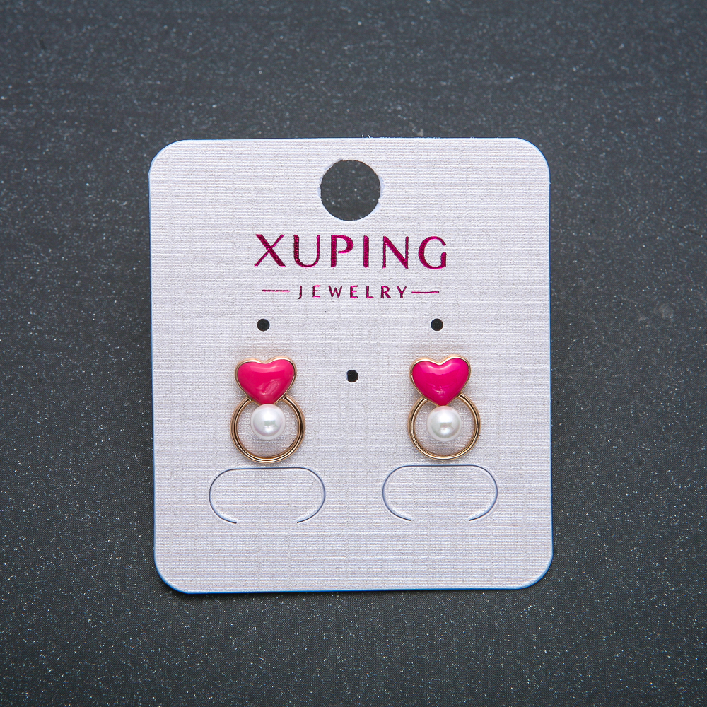 Heart Earrings Xuping – 18K Gold Plating with Pink Enamel and White Bead, Stud Earrings, Diameter 12×8 mm +