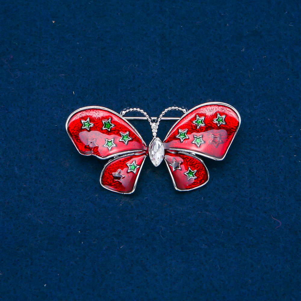 Butterfly Brooch in Gold-Tone Metal, Enamel, and White Rhinestone, 48x24mm +