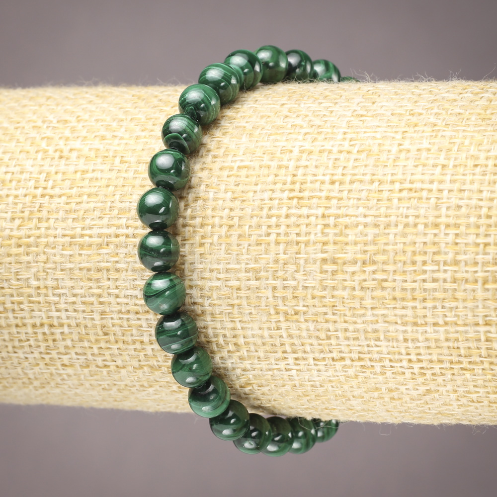 Elastic bracelet with natural malachite, smooth beads, 6 mm diameter+