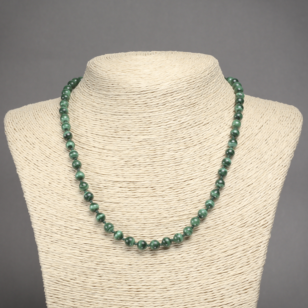 Natural Malachite Stone Necklace with Smooth Beads, 6 mm Diameter, 45 cm Length