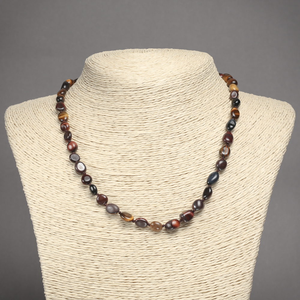 Necklace of natural Bull's Eye, Hawk's Eye, and Tiger's Eye, faceted, 6x8 mm diameter, length 45 cm +/-