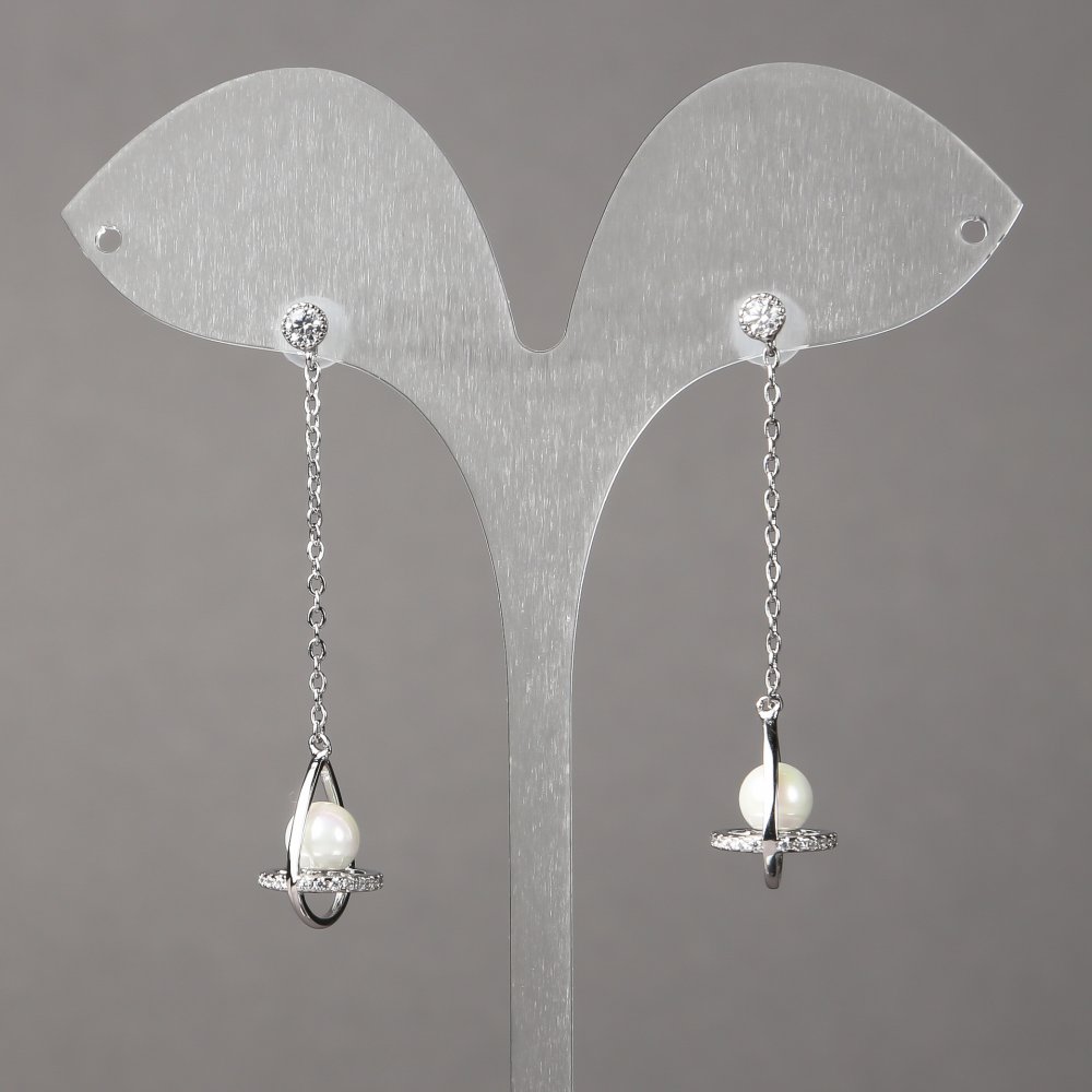 Xuping Rhodium-plated earrings with white crystals and beads, 15×11 mm, length 50 mm, thickness 1.1 mm