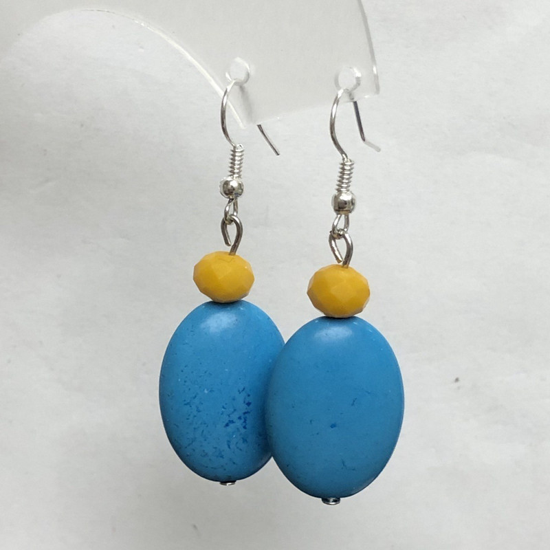 Earrings Blue Turquoise Oval 18x25mm +/- with Glass Rondelles 8x6mm +/-, Length 50mm +/-