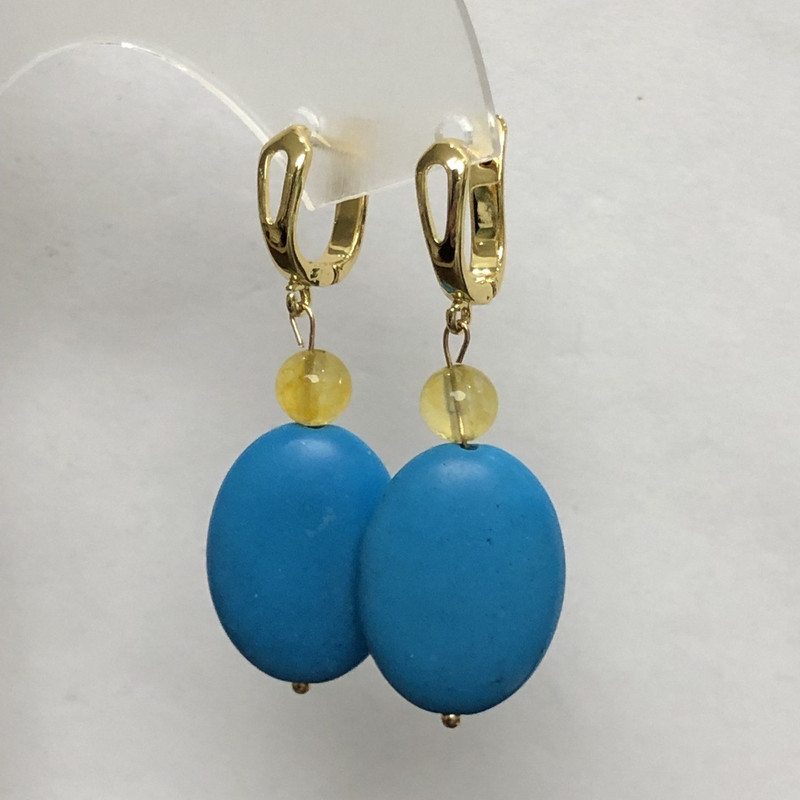 Earrings Blue Turquoise Oval 18x25mm ± and Citrine Smooth Bead 8mm ±, Total length 50mm ±