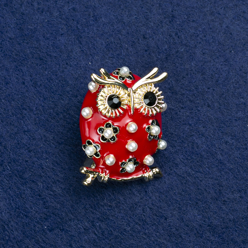Owl Brooch in golden metal, enamel, beads and crystals, 30x25mm +