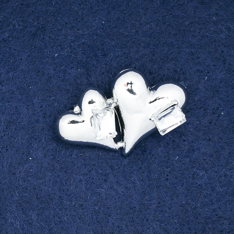 Брошка Серця сріблястий метал і кристали 38х24мм +