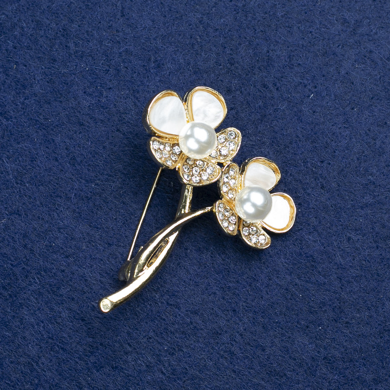 Brooch 'Flowers' with golden metal, mother-of-pearl, crystals and beads, 44x35mm +