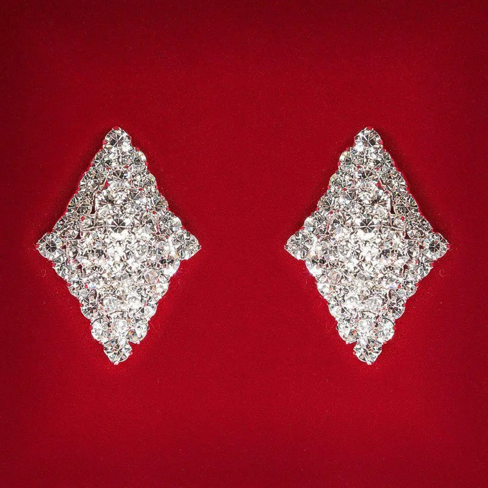 ( 25 мм ) Сережки жіночі білі стрази світлий метал весільні вечірні пусети кульчики ( пусети ) ромб витягнуті