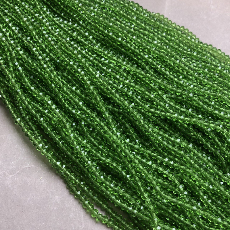 Czech Crystal Beads on Thread, Light-Green Transparent Faceted Rondelle, Diameter 3.5x3 mm, Length 36-38 cm