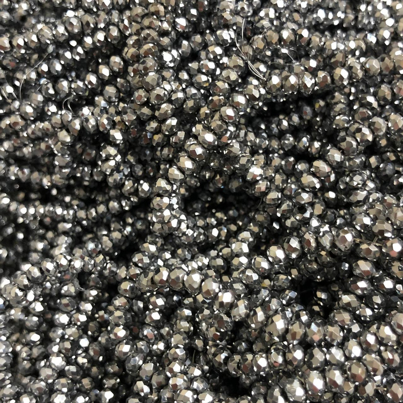 Czech Crystal Beads on a Thread with Light Gray Coating, Faceted Rondel, Diameter 3.5x3 mm, Length 36-38 cm