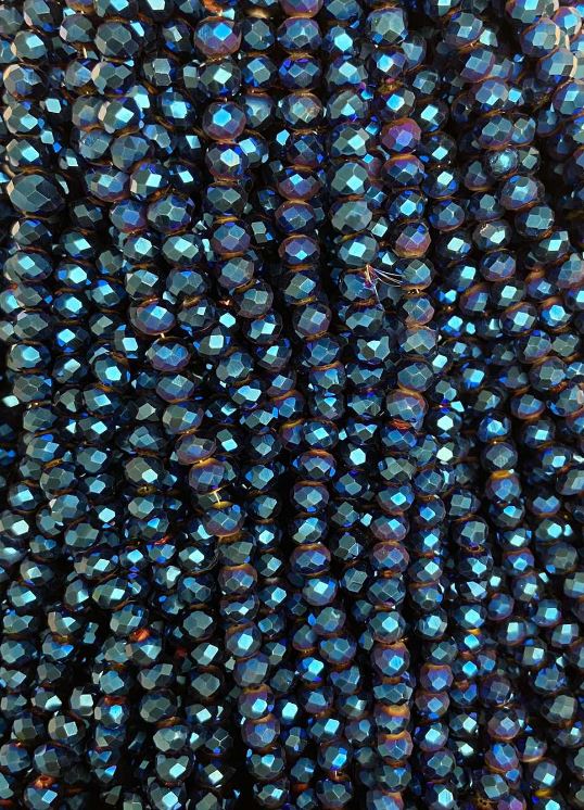 Beads Czech Crystal blue with gasoline coating, faceted rondel, diameter 6x5mm, length 40cm