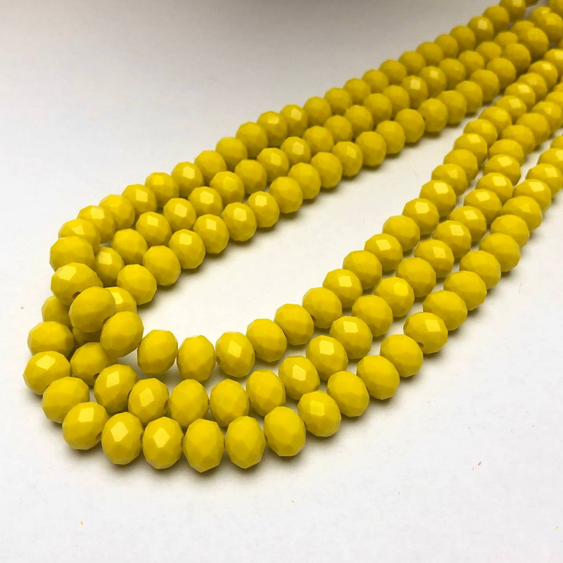 Yellow matte Czech crystal beads on beading thread, faceted rondelle, diameter 8x6 mm, length 40-42 cm