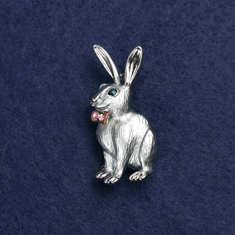 Brooch 'Bunny with Bow' in Silver-Colored Metal 45×20mm + Enamel and Crystals