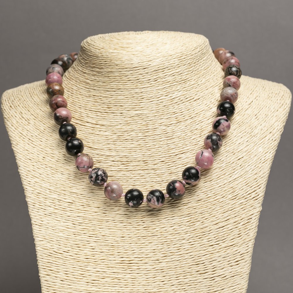Natural Rhodonite Necklace with Smooth Beads, 12 mm diameter ±, 45 cm length ±