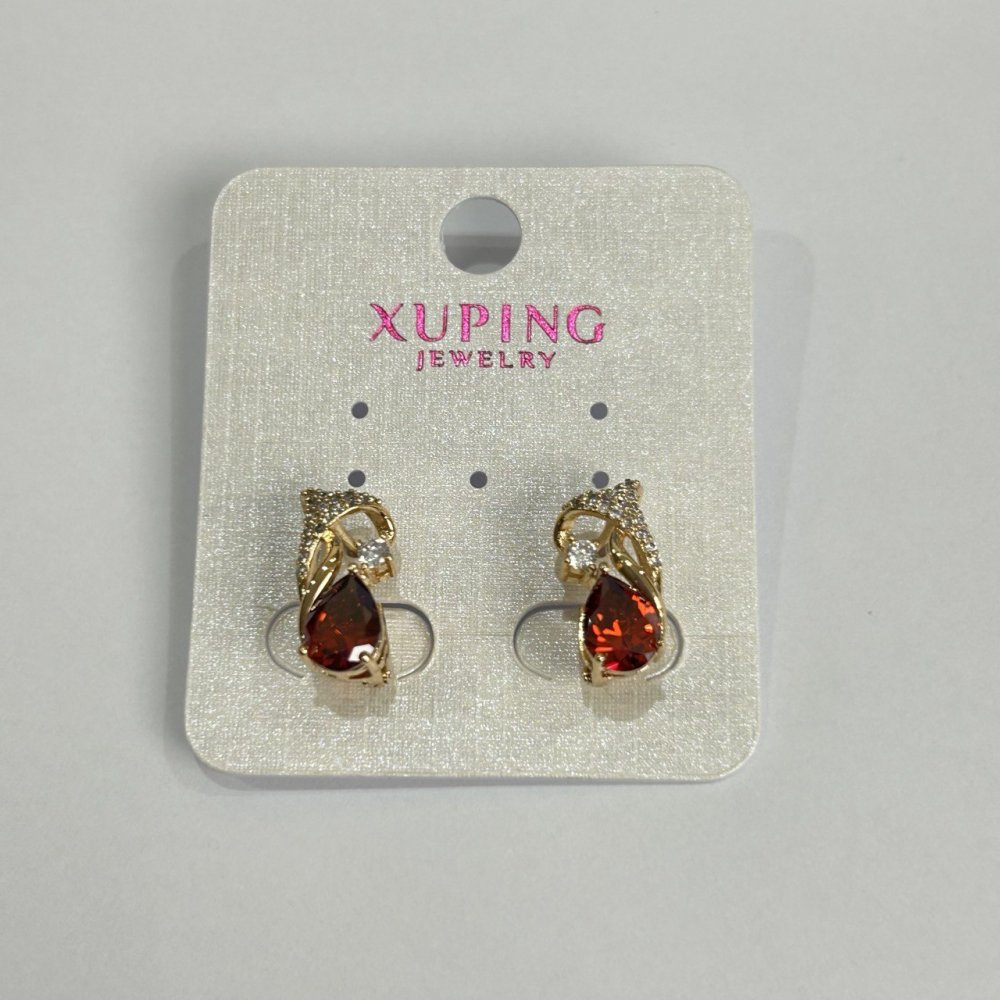 Xuping Earrings with Red Stones and White Crystals 8×15mm, 18K Gold Plating