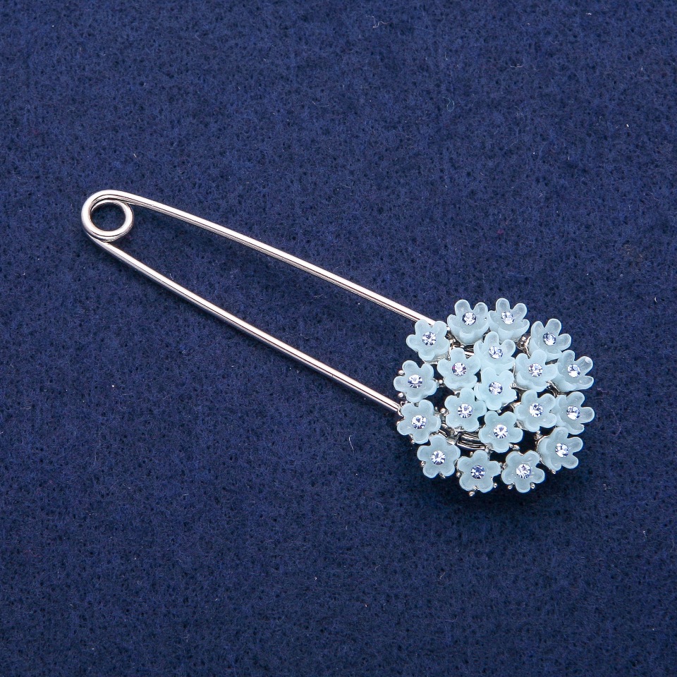 Blue hydrangea brooch-pin with crystals, 29x78 mm, silver-tone metal