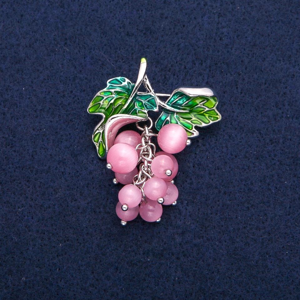 Brooch-Pendant Grapes with pink cat's eye beads and green enamel, silver metal 35x45 mm