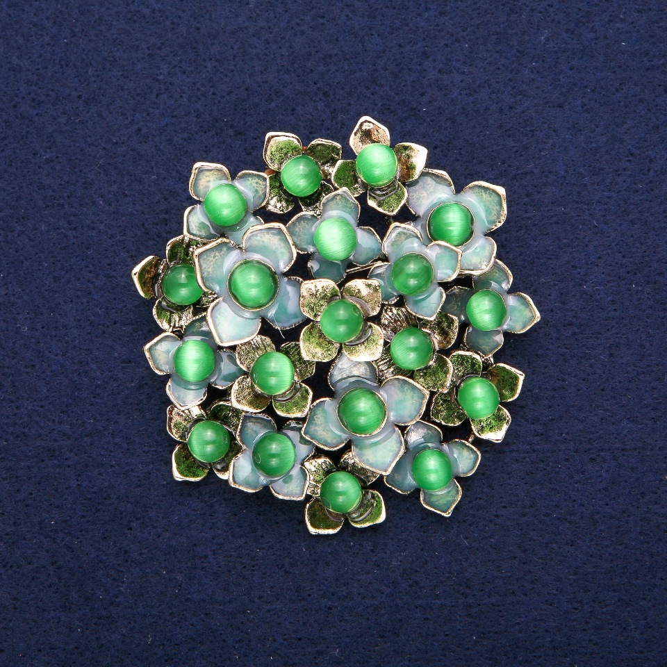Brooch Flowers with Cat's Eye, Green Enamel, Gold-Tone Metal 60x62mm