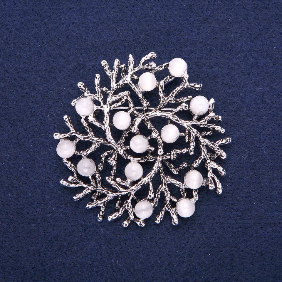Brooch Pendant 'Branches' White Cat's Eye, silver-tone metal 60mm
