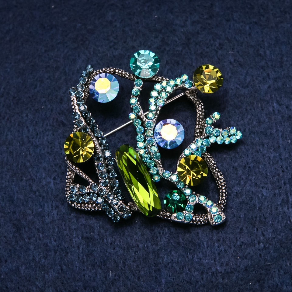 Brooch 'Sea Accent' 55x55 mm, rhinestones, colors: green, blue, light blue, metal: golden