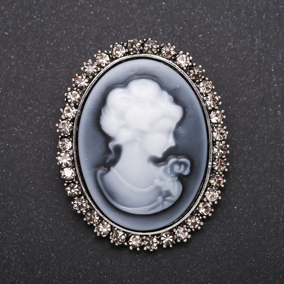 Cameo Brooch with Crystals, Satin Finish, Gray Metal, 50x40 mm