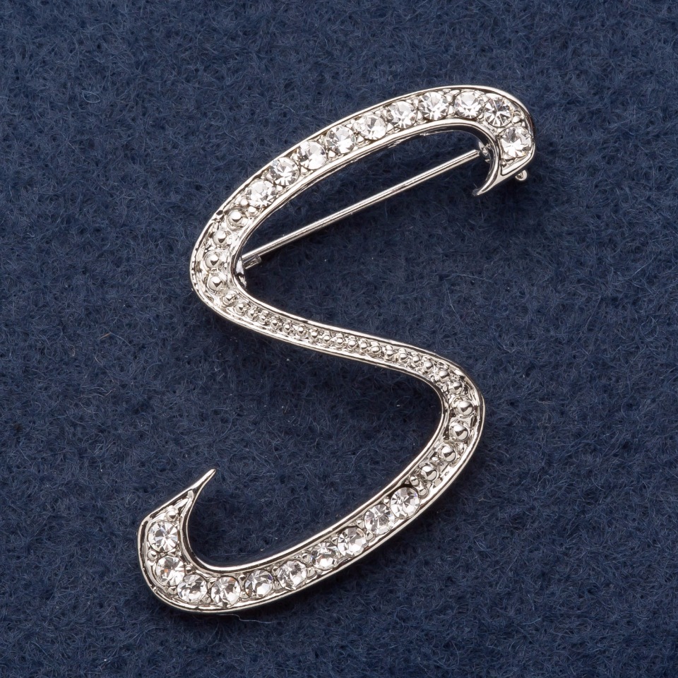 Brooch Series "Initial Letter S" 3x3 cm gray metal, crystals