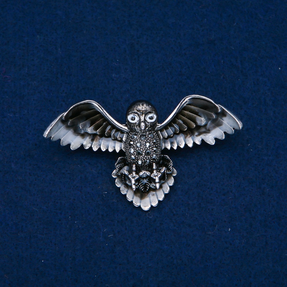 Brooch Bird with enamel and gray crystals, silver metal 65x35mm +