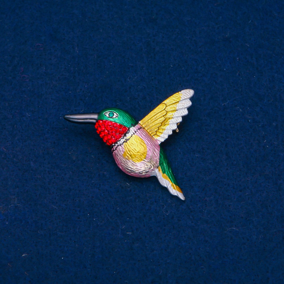 Brooch 'Bird with Enamel' with green and red crystals, golden metal 37×44 mm +