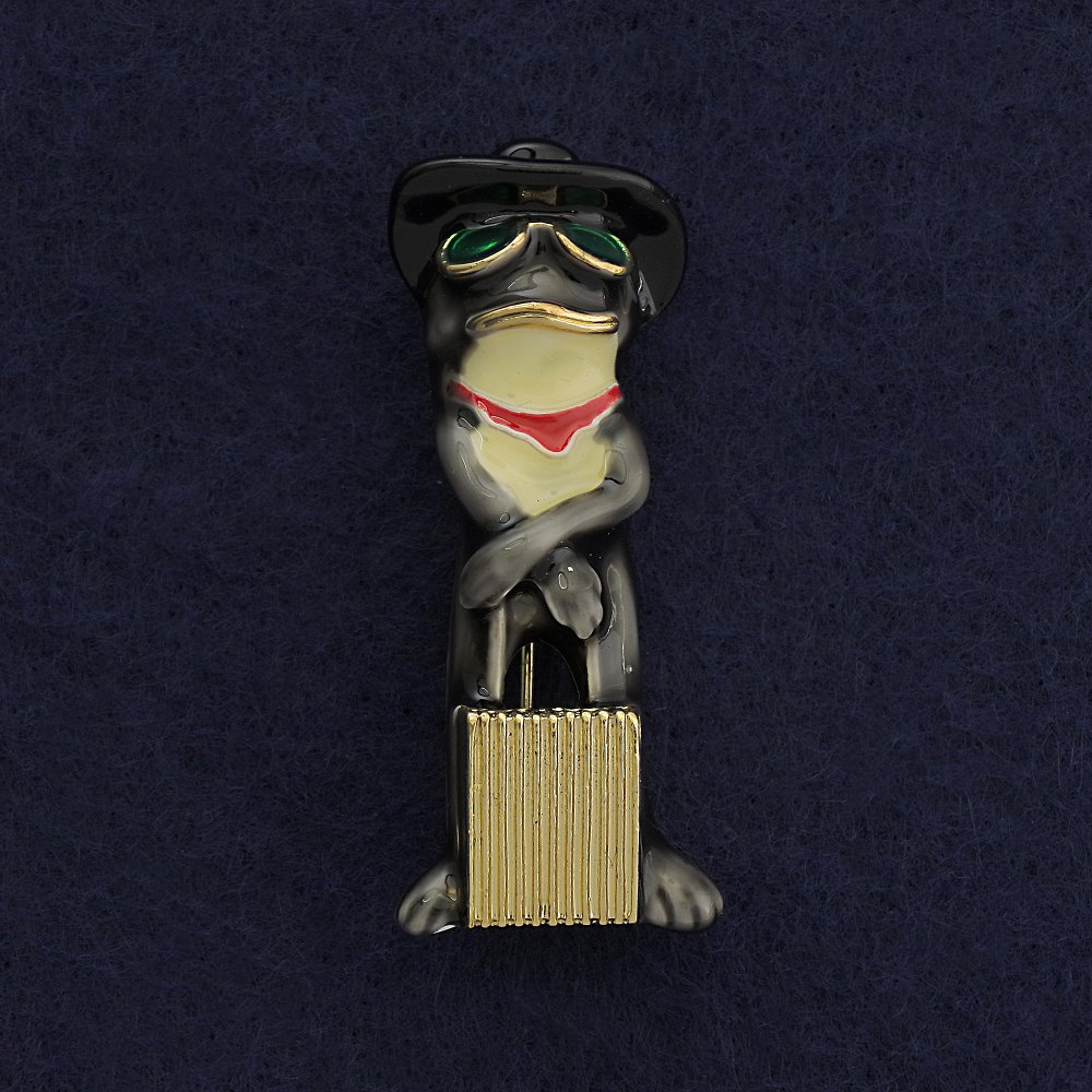 Brooch pendant Frog with a suitcase - gold-tone metal, gray enamel 45x18mm +