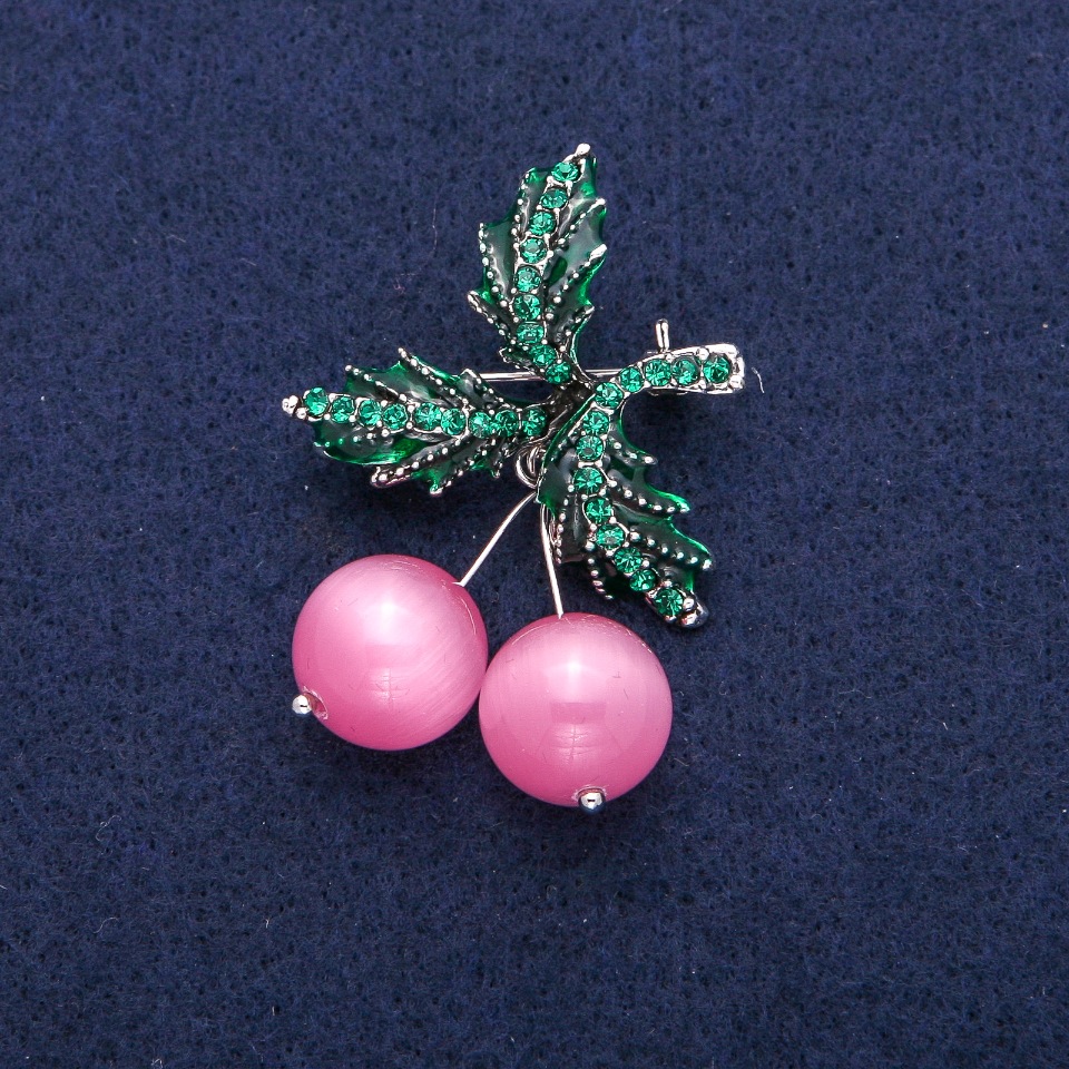 Cherry Pendant with Beads, Pink Cat's Eye, Green Enamel, and Rhinestones, Silver-Toned Metal 33x48mm