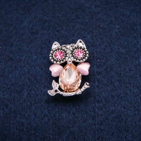 Brooch Owl: cat's eye, pink crystals, silver-tone metal 19×28mm