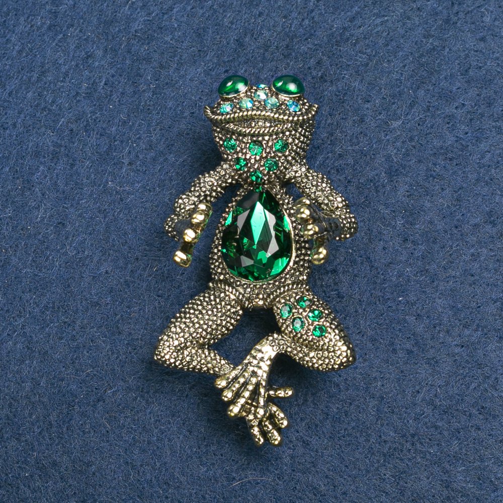 Frog Brooch in Golden Metal, Green and Petrol Crystals, 36×12 mm +