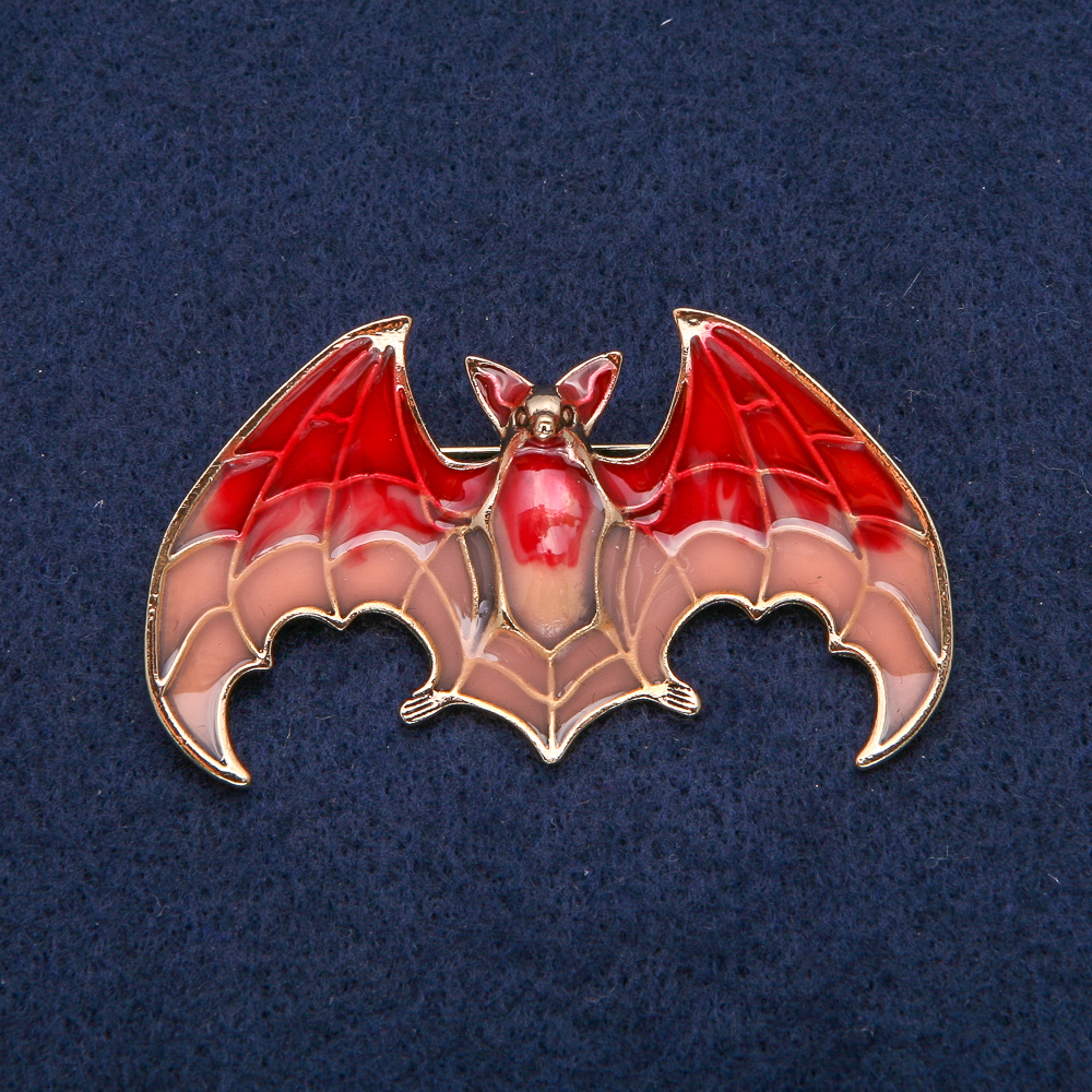 Enamel Flying Bat Brooch, 60x35 mm, Gold-Tone Metal