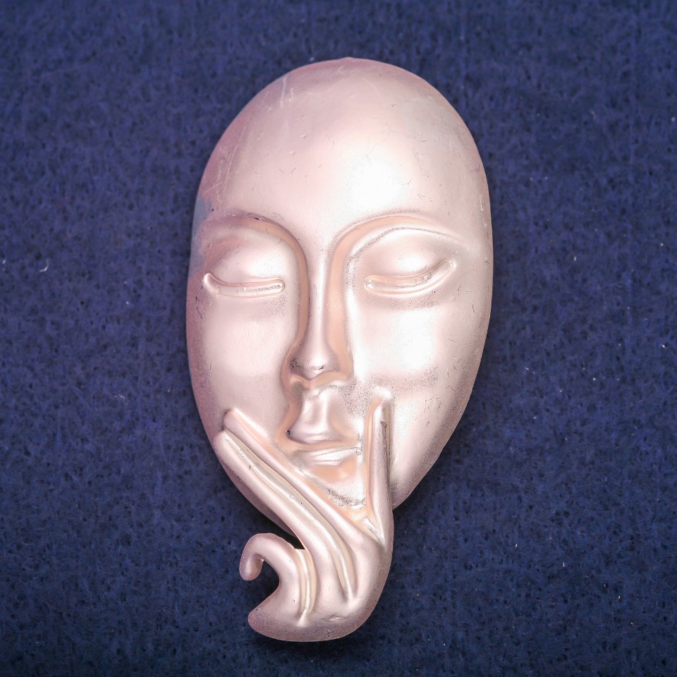 Accent Mask Brooch, Silver-Tone Metal, 39x73mm