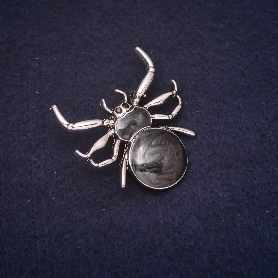 Spider Brooch 'Spider' 40x40 mm, crystals, enamel, black color, silver metal