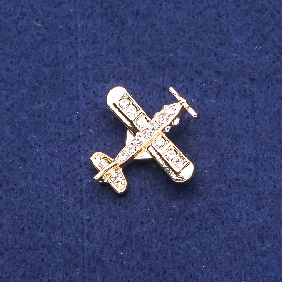 Brooch Airplane with Crystals, Golden Metal 28x28 mm