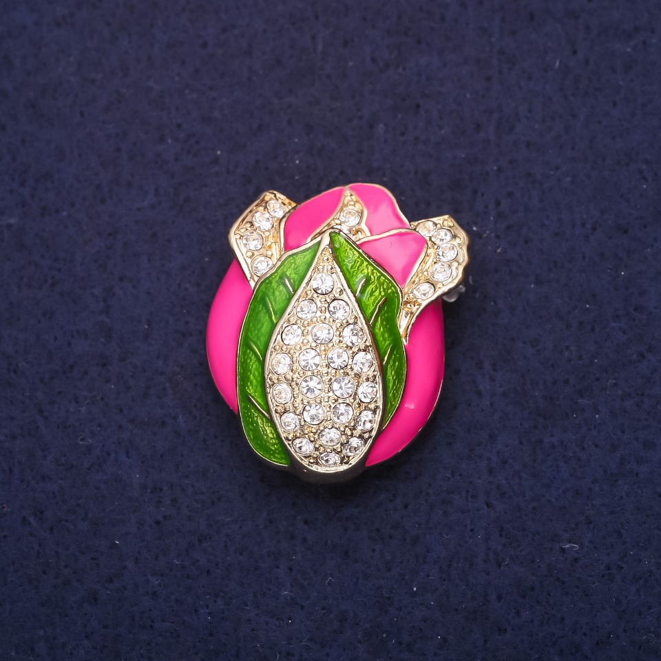 Brooch 'Bud' with enamel and crystals, color raspberry, green, white, 32×26 mm, gold-tone metal