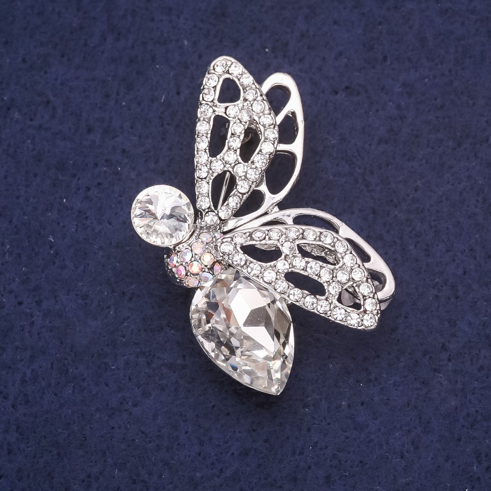 Butterfly Brooch with White Crystal Rhinestones, 45x29 mm, Silver-Colored Metal
