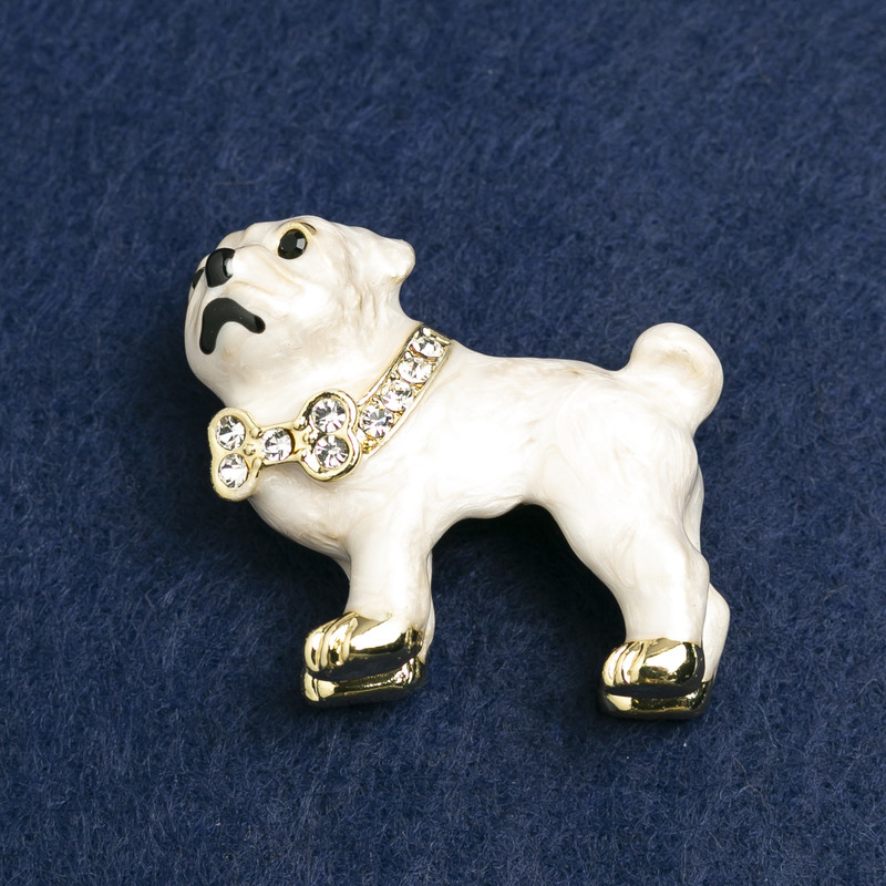 Bulldog Brooch in Gold-Tone Metal, Crystals and Enamel 35x42mm +