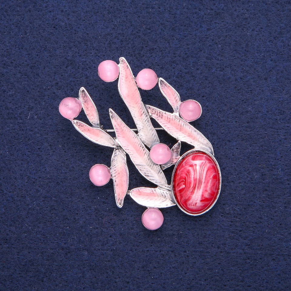 Брошка Листики з Котячим Оком, рожева емаль, сріблястий метал 38х53мм