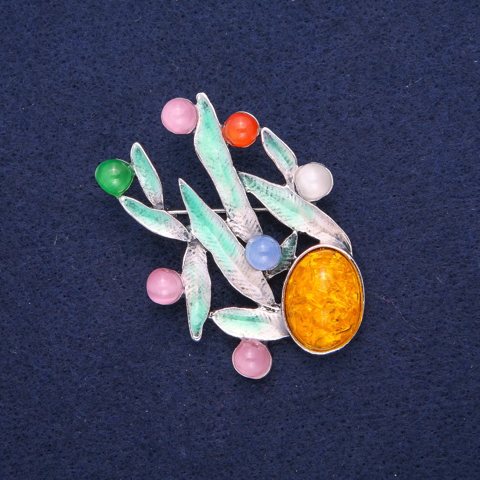 Брошка Листики Бурштин та Котяче Око (штучний) зелена емаль, сріблястий метал 38х53мм