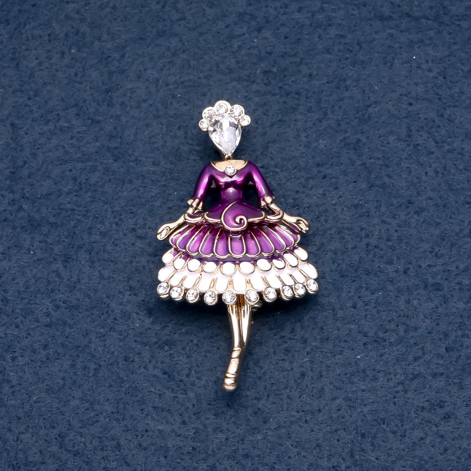 Brooch 'Fräulein' purple enamel 30x55 mm, metal color 'gold'