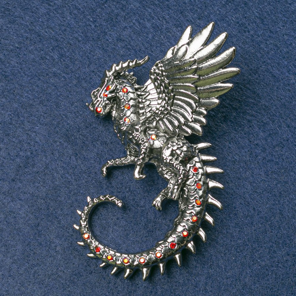 Dragon Brooch with Silvery Metal and Red Benzine Rhinestones 64x50mm+