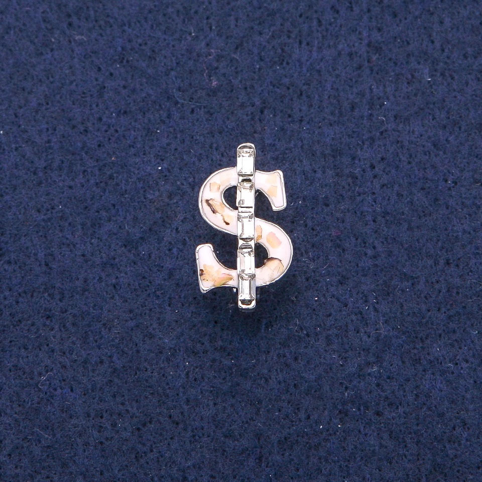 Brooch 'Dollar' with white enamel and abalone pearl, white crystals, silver-tone metal 12x21mm