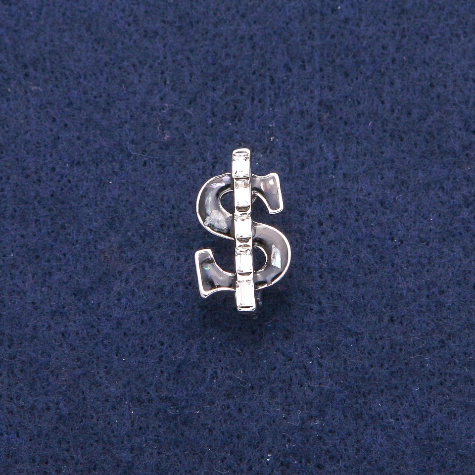 Dollar Brooch with Black Enamel and Halioitis Pearl, White Crystals, Silver Metal 12x21mm